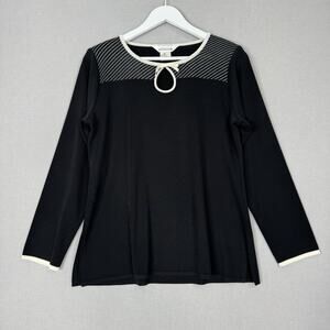 Exclusively Misook Womens Sweater M Black Contrast Trim Keyhole Bow Old Money